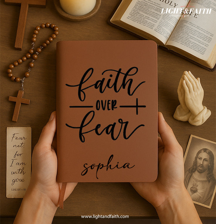 Personalized Christian Journal with Faith Over Fear, Custom Name Prayer & Faith Notebook, Religious Gift, First Communion Gifts, Birthday. NBLAF13